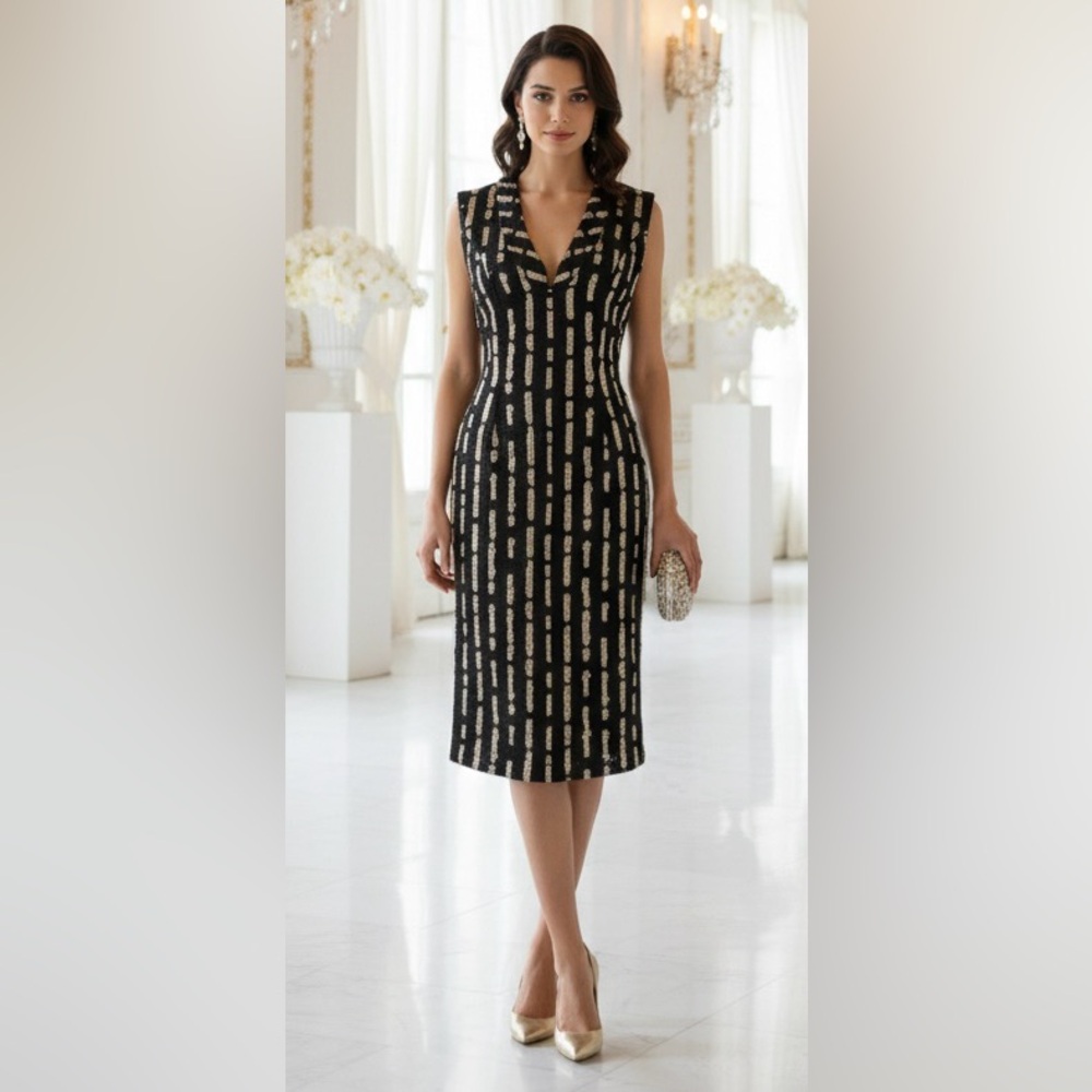 Peggy Jennings Couture Black and Gold Plunge Sheath Dress Silk Lining
